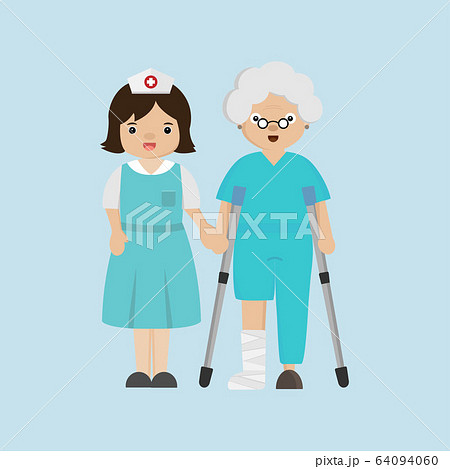 Nurse helping senior patient with a cane. 64094060