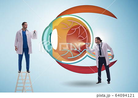 Doctor examining giant eye in medical concept Doctor examining giant eye in medical concept 64094121
