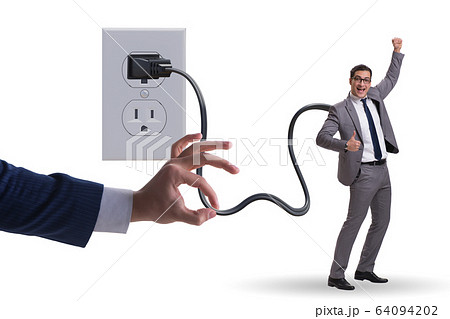 Businessman being powered by electricity and plug Businessman being powered by electricity and plug 64094202