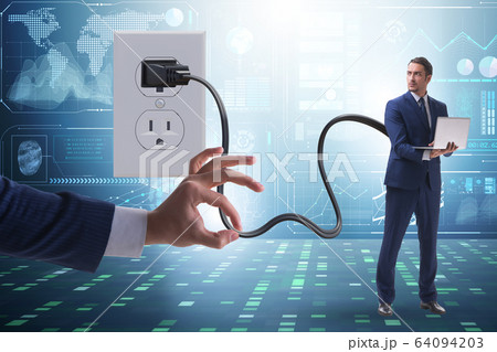 Businessman being powered by electricity and plug Businessman being powered by electricity and plug 64094203