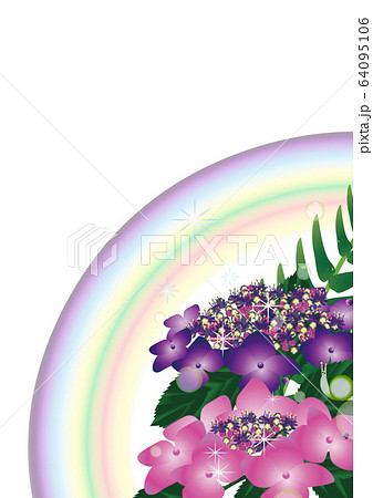 紫陽花のピンクと紫の花と虹にかたつむりのイラスト縦スタイル背景素材のイラスト素材