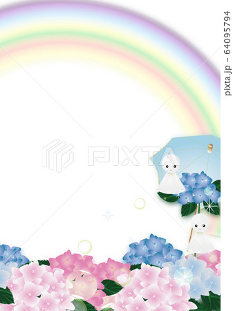 紫陽花のピンクやブルーの花とテルテル坊主に傘と虹のイラスト縦スタイル背景素材のイラスト素材