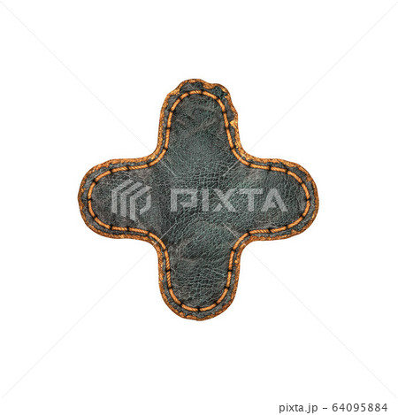 Symbol plus made of leather. 3D render font with skin texture isolated on white background. 64095884