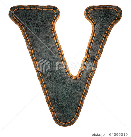 Leather letter V uppercase. 3D render font with skin texture isolated on white background. 64096019