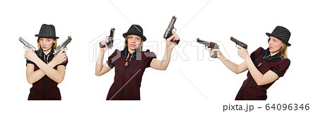 Young woman gangster with gun on white 64096346