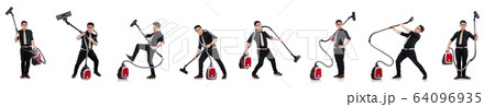 Man with vacuum cleaner isolated on white 64096935