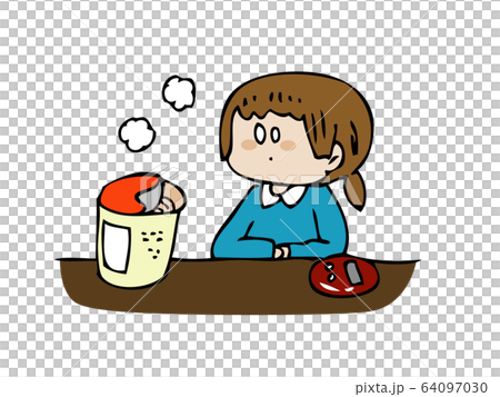 カップ麺のできあがりを待つ女性のイラスト素材