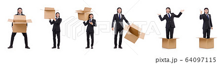 Funny man with boxes on white 64097115