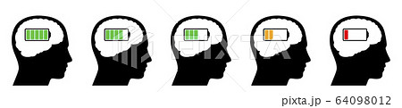 Outline heads with full green, low orange and empty red battery level. Icons with different amount of mental energy. Isolated vector illustration on white background. Outline heads with full green, low orange and empty red battery level. Icons with different amount of mental energy. Isolated vector illustration on white background. 64098012