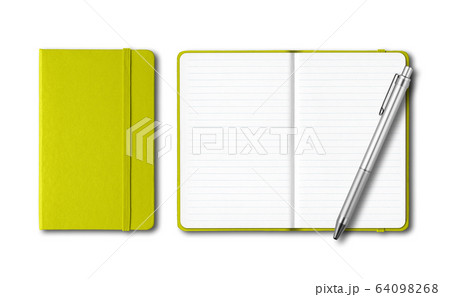 Lime green closed and open notebooks with a pen 64098268