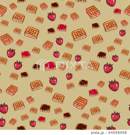 cute cartoon seamless pattern with waffle with chocolate and strawberries. friendship concept. childrens vector illustration. Textured background for poster, card, textile, wallpaper template. 64098998