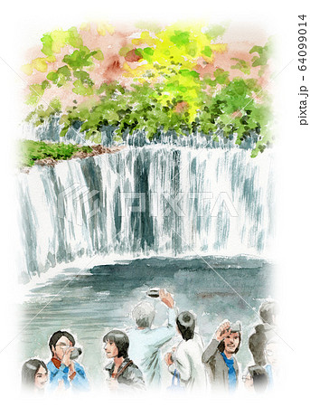 水彩で描いた滝の白糸と観光客のイラスト素材