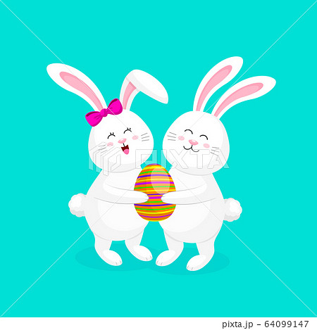 White rabbit with Easter eggs. Cute bunny.  64099147