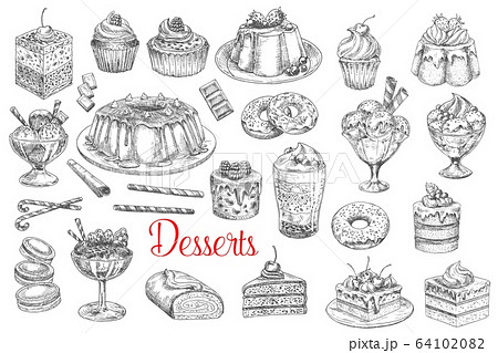 Desserts and sweets, pastry cakes, biscuits sketch 64102082