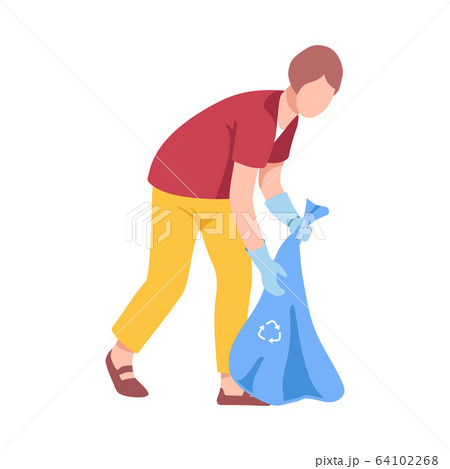 Young Man Collecting Trash into Plastic Bag, Male Volunteer Picking Garbage Outdoors, Guy Cleaning the Beach from Pollution Vector Illustratio Young Man Collecting Trash into Plastic Bag, Male Volunteer Picking Garbage Outdoors, Guy Cleaning the Beach from Pollution Vector Illustratio 64102268