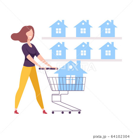 Young Woman with Shopping Cart Choosing House for Buying or Renting Vector Illustration 64102304
