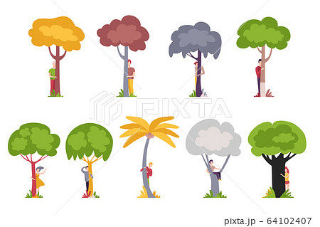 People Standing Behind Trees, Men and Women Hiding and Peeking Behind Tree Trunks Vector Illustration 64102407