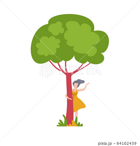 Young Woman Standing Behind Green Tree and Waving Her Hand Vector Illustration 64102439