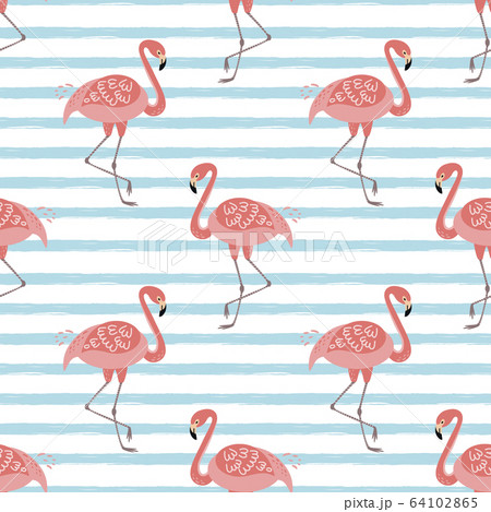 Pink Flamingo Seamless Pattern On Blue Striped のイラスト素材