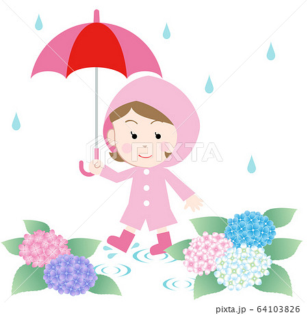 梅雨の日の少女と紫陽花の花 白背景 梅雨の日の少女と紫陽花の花 白背景 64103826