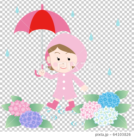 梅雨の日の少女と紫陽花の花 白背景 梅雨の日の少女と紫陽花の花 白背景 64103826