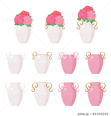 花瓶とバラの花のイラスト セットのイラスト素材