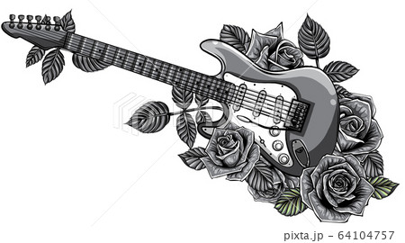monochromatic illustration Abstract guitar with red rose. Vector 64104757