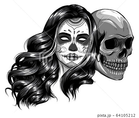 monochromatic Girl with skeleton make up handのイラスト素材