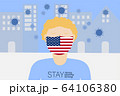 Social distancing concept, Man wearing USA flag mask stay home and work from home 64106380