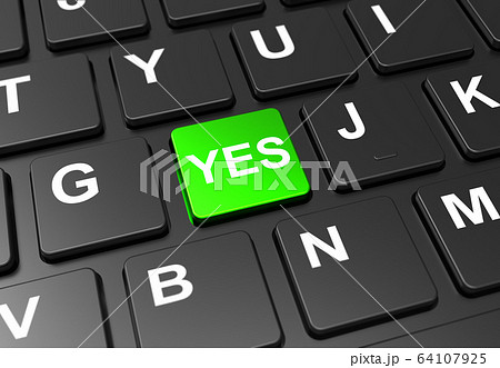 Close up green button with yes sign on black Close up green button with yes sign on black 64107925