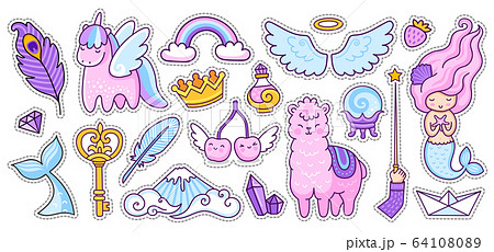 Unicorn, alpaca, mermaid, cherry, rainbow. 64108089