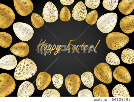 Easter egg. Greeting card with Golden eggs. Religious holiday vector illustration for poster, flyer. Decorate Golden eggs with plant ornaments on a dark background. 64108595