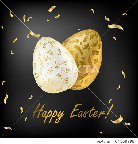 Easter egg. Greeting card with Golden eggs. Religious holiday vector illustration for poster, flyer. Decorate Golden eggs with plant ornaments on a dark background. 64108599