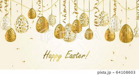 Easter egg. Greeting card with Golden eggs. Religious holiday vector illustration for poster, flyer. Decorate Golden eggs with plant ornaments on a light background. 64108603