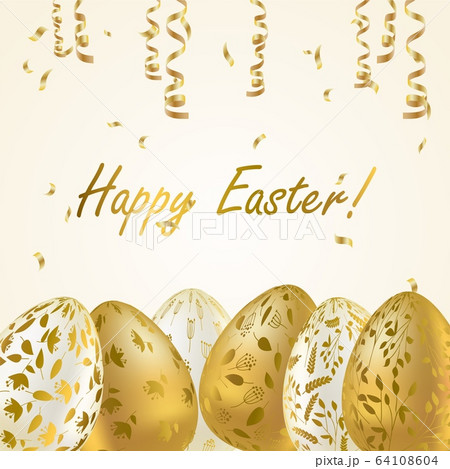 Easter egg. Greeting card with Golden eggs. Religious holiday vector illustration for poster, flyer. Decorate Golden eggs with plant ornaments on a light background. 64108604