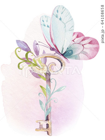 Cute Fairy character watercolor illustration on white background. Magic fantasy cartoon pink fairytale design. Baby girl birthday 64108658