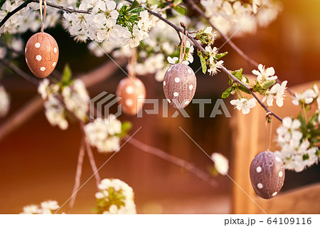Easter eggs on bokeh colorful background. Holiday concept Easter eggs on bokeh colorful background. Holiday concept 64109116