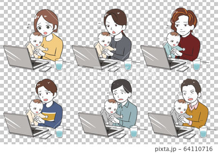 子供に邪魔されながらテレワークのイラスト素材