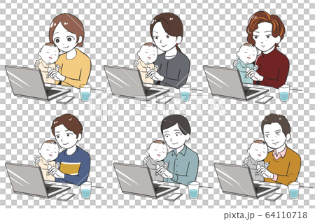 寝ている子供を抱えながらテレワークをするのイラスト素材