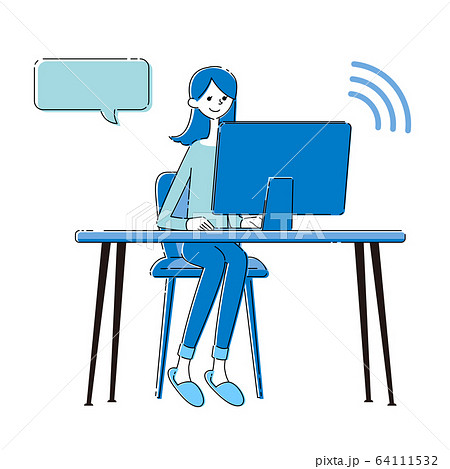 リモートワークをする女性のイラスト ブルー のイラスト素材 リモートワークをする女性のイラスト ブルー のイラスト素材