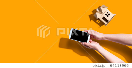 Person using a smartphone with a miniature house Person using a smartphone with a miniature house 64113966