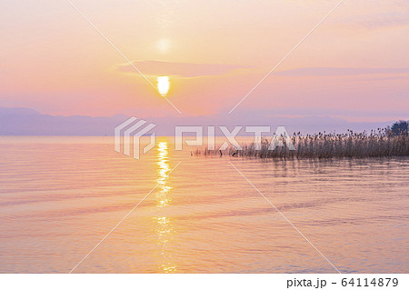 滋賀県　琵琶湖　早朝の湖西風景　 64114879