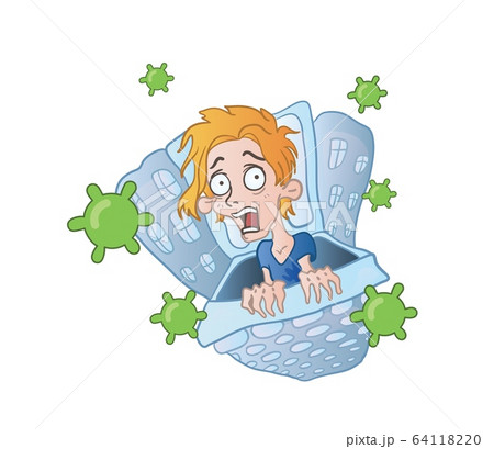 Scared teenage boy afraid to leave his home with viruses flying around. Coronavirus phobia. 2019-nCoV, COVID-19 world outbreak. Flat vector illustration, isolated on white background. Scared teenage boy afraid to leave his home with viruses flying around. Coronavirus phobia. 2019-nCoV, COVID-19 world outbreak. Flat vector illustration, isolated on white background. 64118220