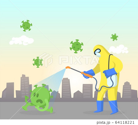 Man wearing yellow protection costume sprays disinfectant on green virus running away. Quarantine, COVID-19 world outbreak. Colorful flat vector illustration, horizontal. Man wearing yellow protection costume sprays disinfectant on green virus running away. Quarantine, COVID-19 world outbreak. Colorful flat vector illustration, horizontal. 64118221