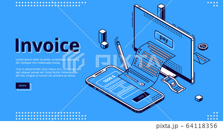 Invoice isometric landing page, tax payment bill 64118356