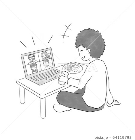 オンライン飲みする男性（白黒手描き調） 64119792