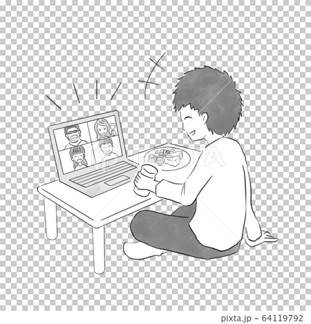 オンライン飲みする男性（白黒手描き調） 64119792