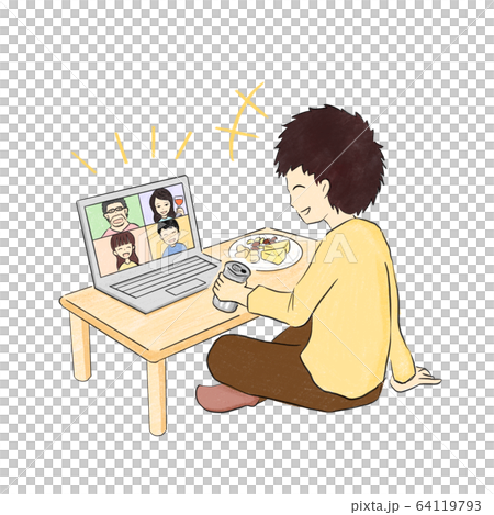 在網上喝酒的男人（彩色手繪） 64119793