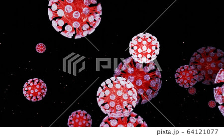 close-up coronavirus type covid-19, h1n1, bird flu or swine flu background. 3d rendering of representation of virus as microbiological microscopic background. Red white gradient color close-up coronavirus type covid-19, h1n1, bird flu or swine flu background. 3d rendering of representation of virus as microbiological microscopic background. Red white gradient color 64121077