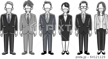 マスクをつけた匿名の6人のビジネスパーソン　ポーズのない男女のセット 64121129